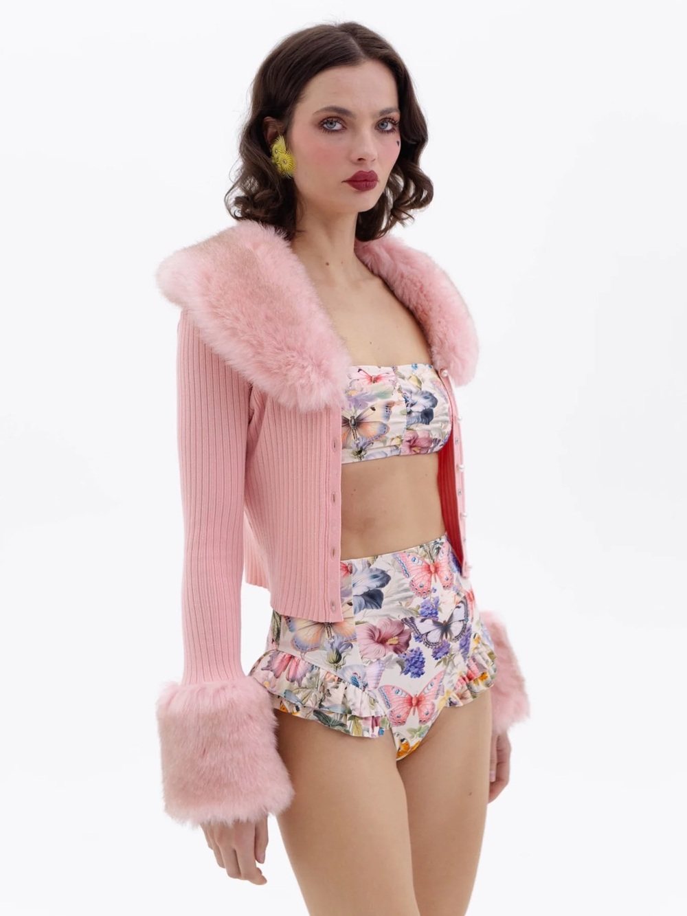 Selkie Peach Skin Ice Skate Home Cardi Pink Faux Fur Trim Ribbed Cardigan